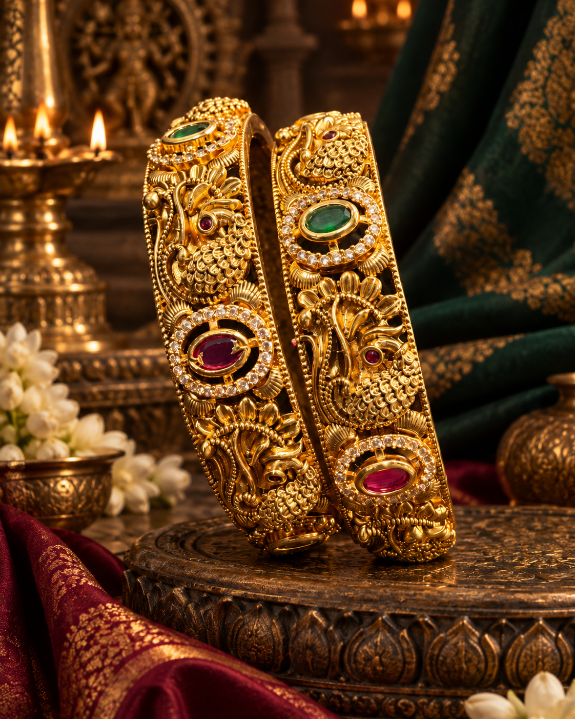 Gold Finish Green Red Stone Antique Design Bangle