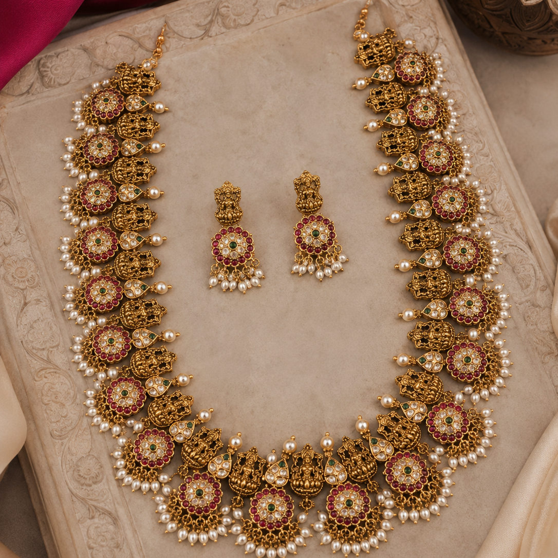Kundan Bridal Long Gold Plated Necklace Set