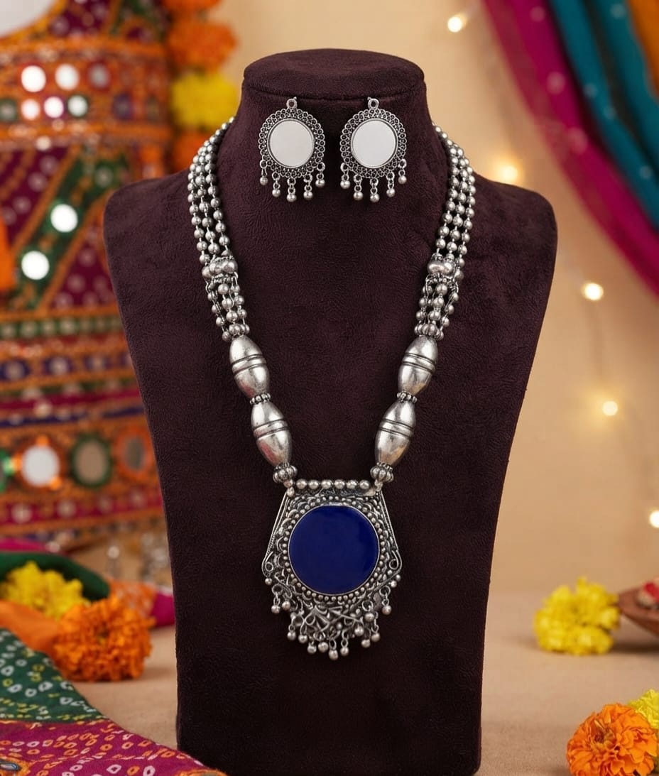 Oxidised Blue Stone Necklace Set