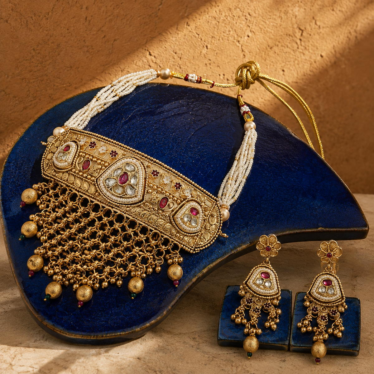 Kundan Gold Plated Choker Necklace Set with Earrings