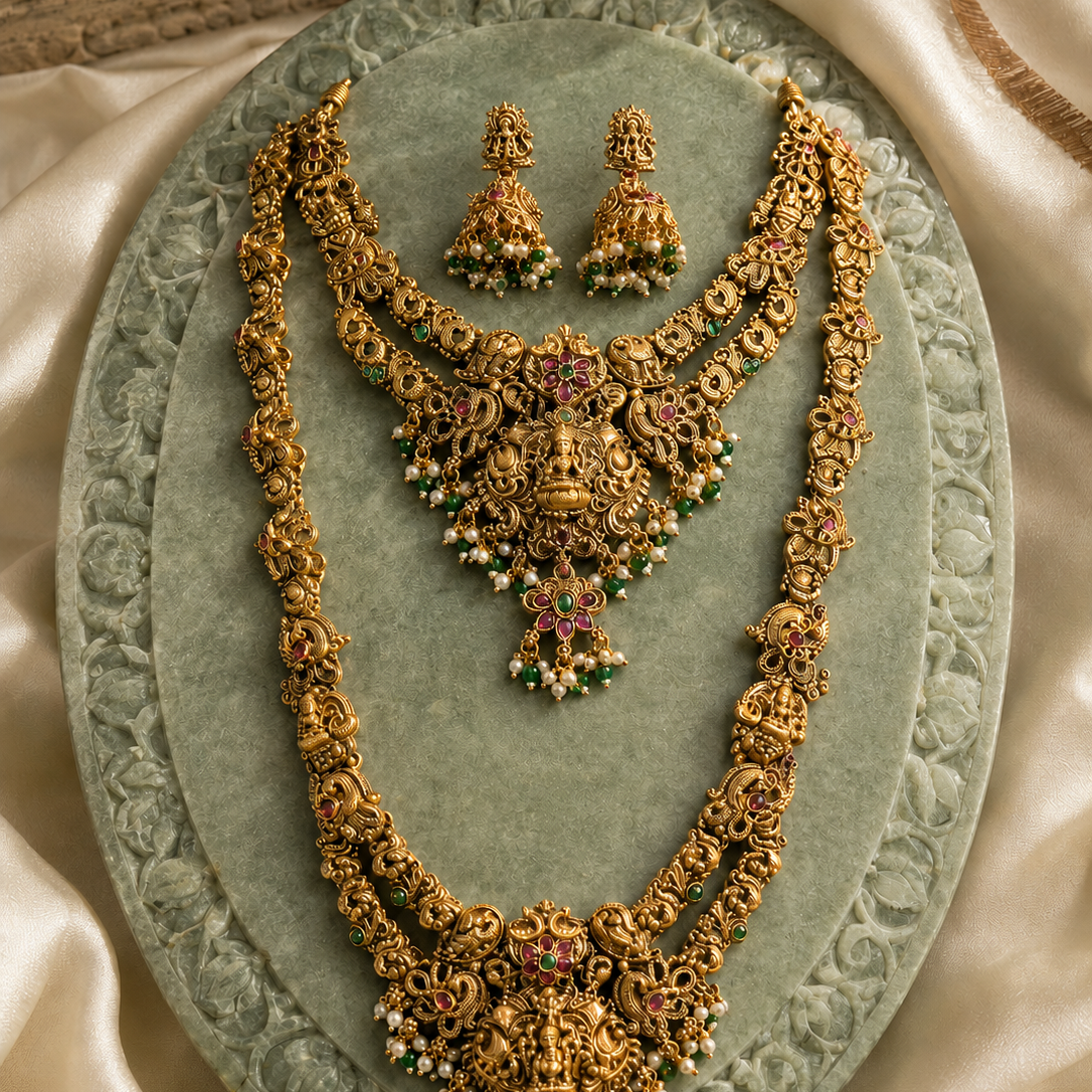Lakshmi Devi Peacock Layered Gold Plated Haram Set
