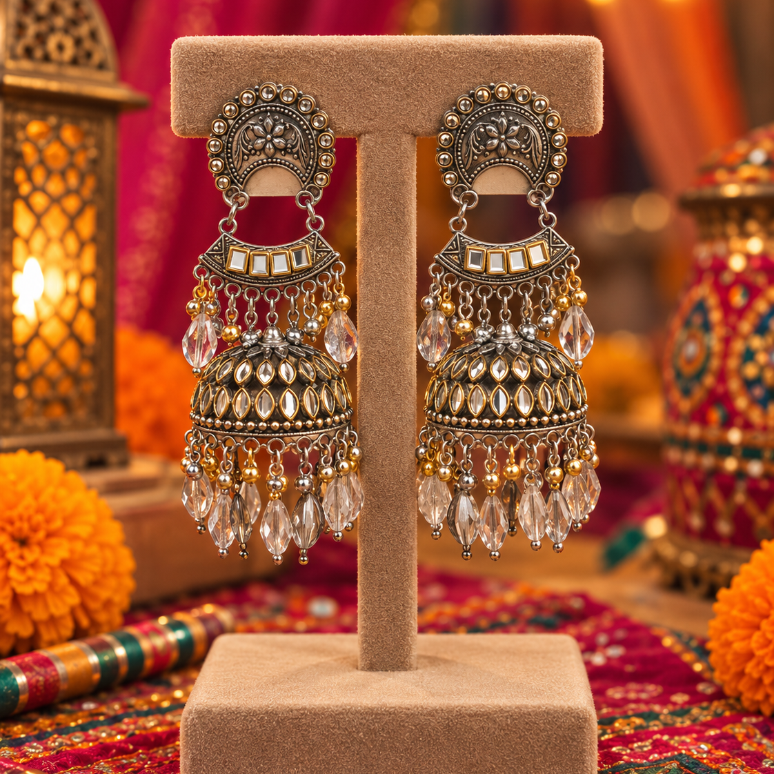 Oxidised Stone Jhumka Earrings