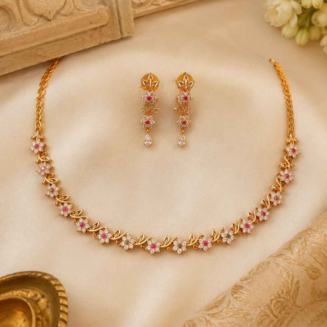 Pink Floral Rose Gold Tone Necklace Set with Earrings