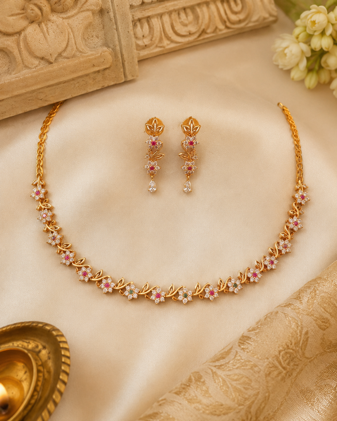 Pink Floral Rose Gold Tone Necklace Set with Earrings