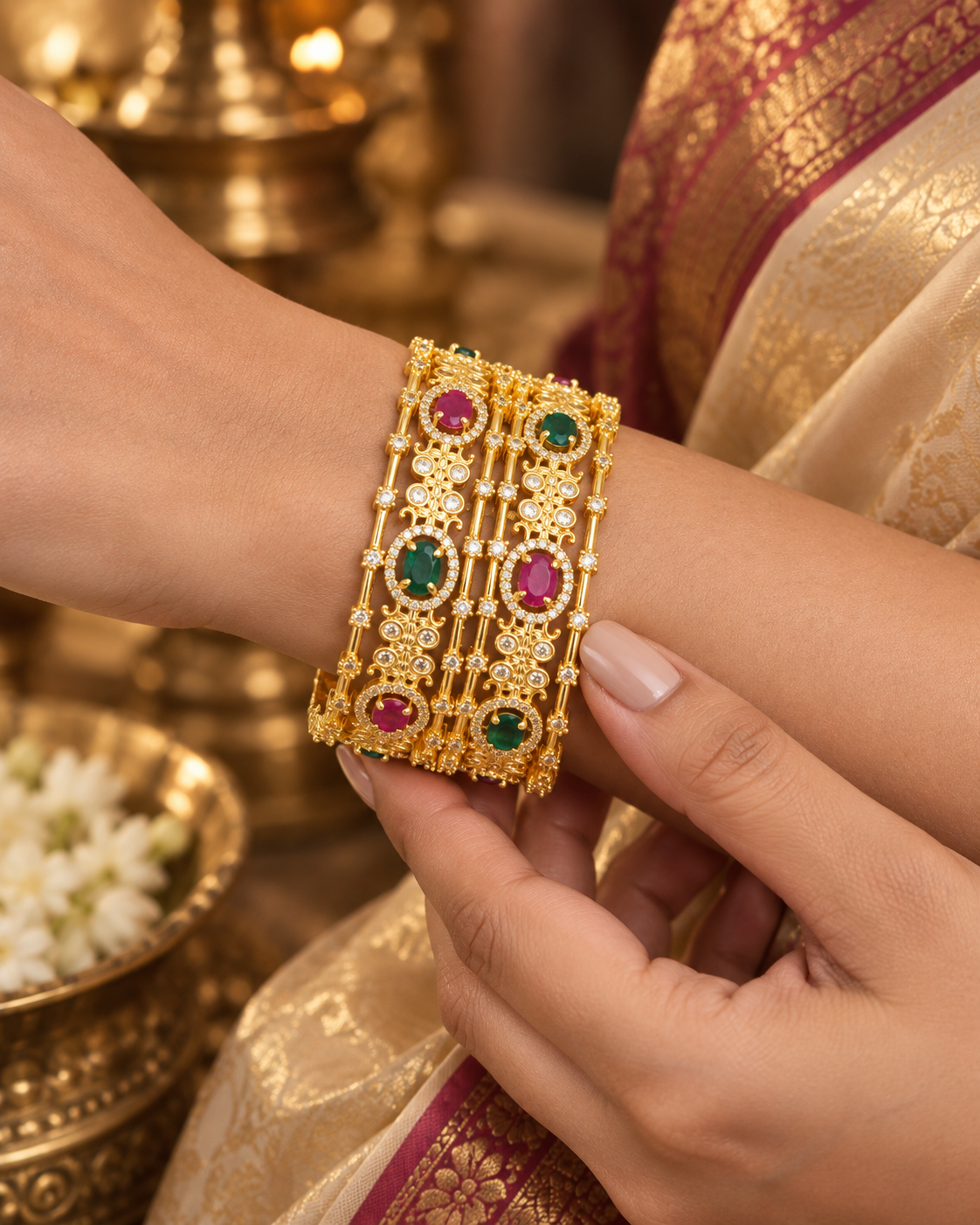 Pink Green Stone Statement Bangle Set