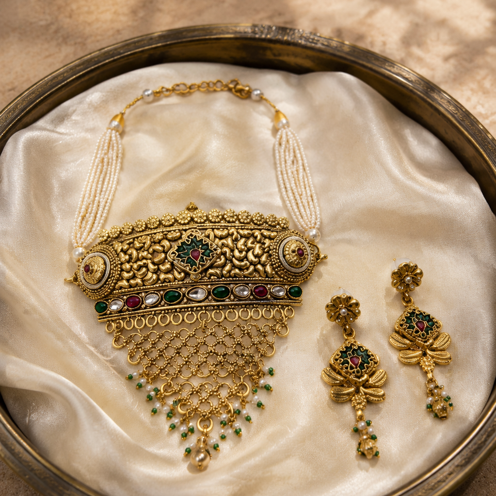 Rajwadi Floral Pearl Choker with Green Bead Drops
