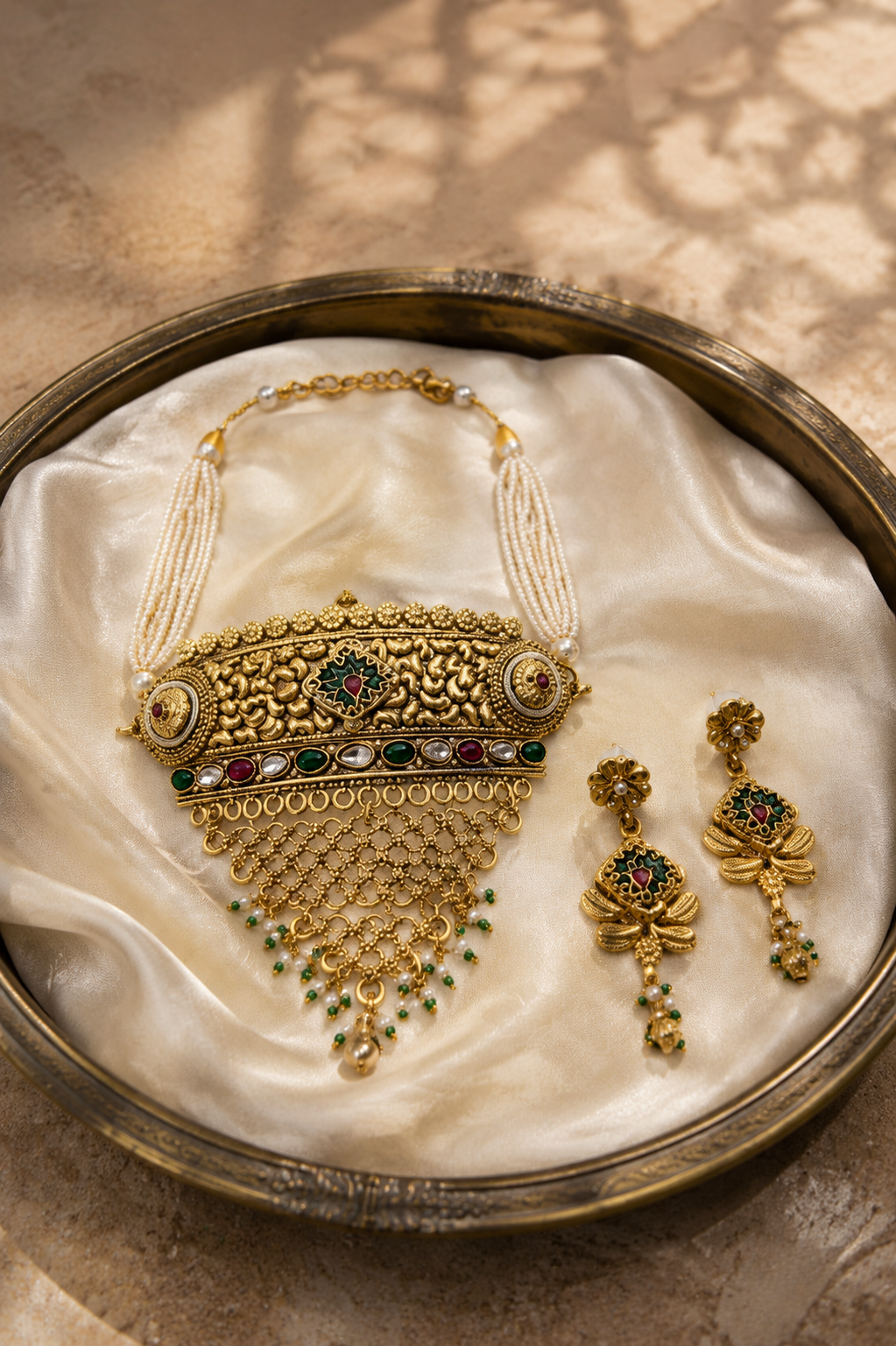 Rajwadi Floral Pearl Choker with Green Bead Drops
