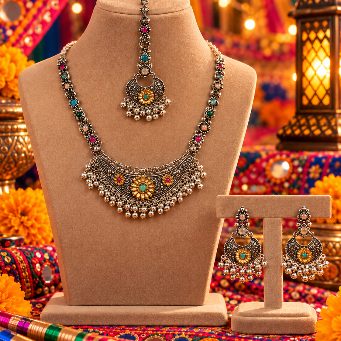 Multicolour Traditional Necklace Set with Earrings & Mangtika