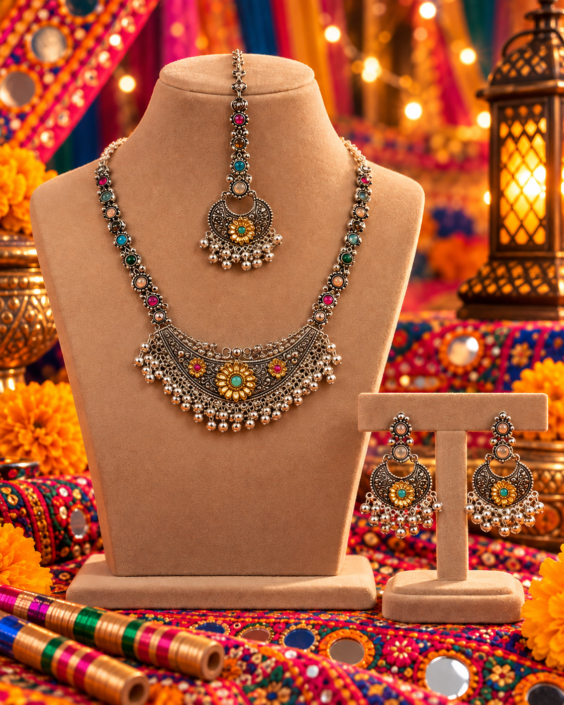Multicolour Traditional Necklace Set with Earrings & Mangtika