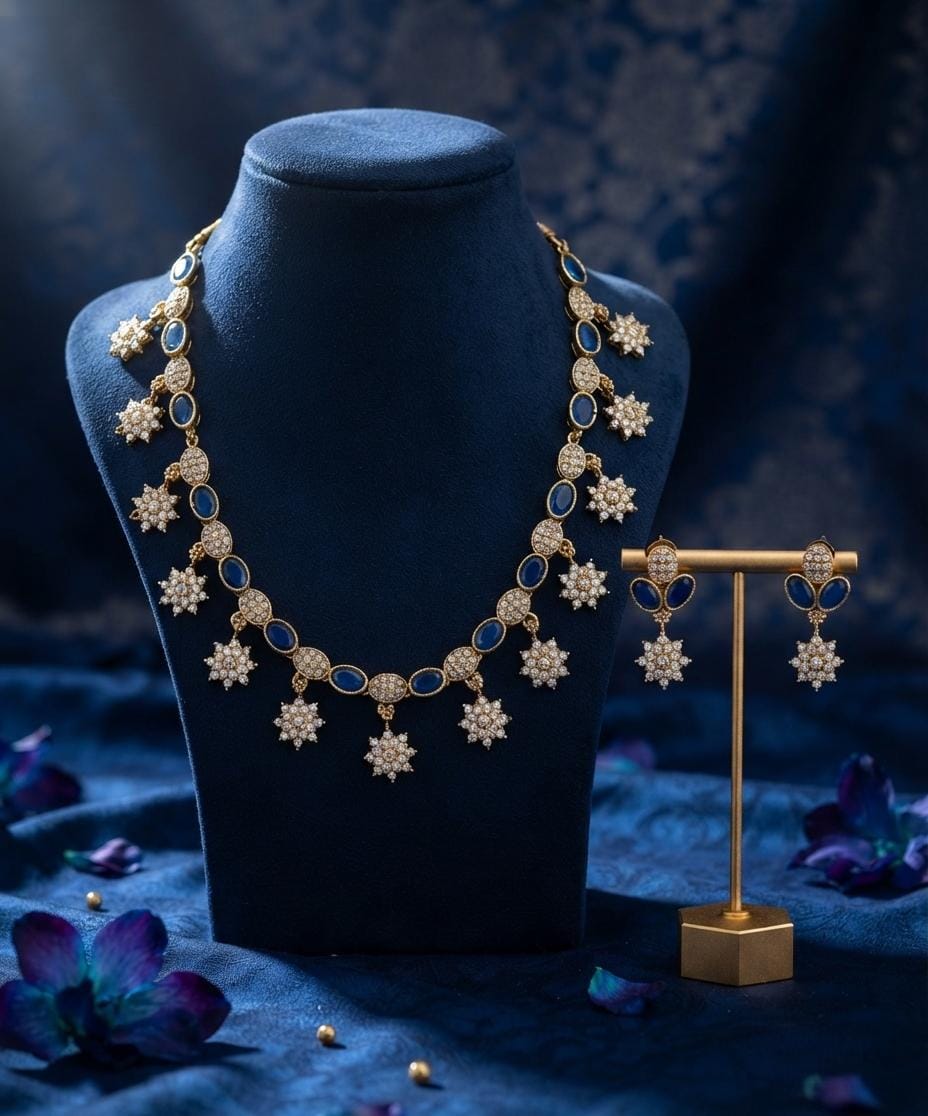 Blue Oval Stone Floral Necklace Set
