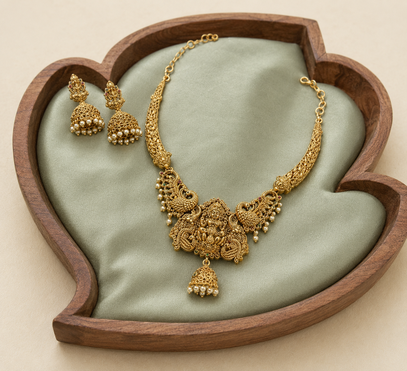 Peacock Lakshmi Devi Collar Gold Plated Necklace Set