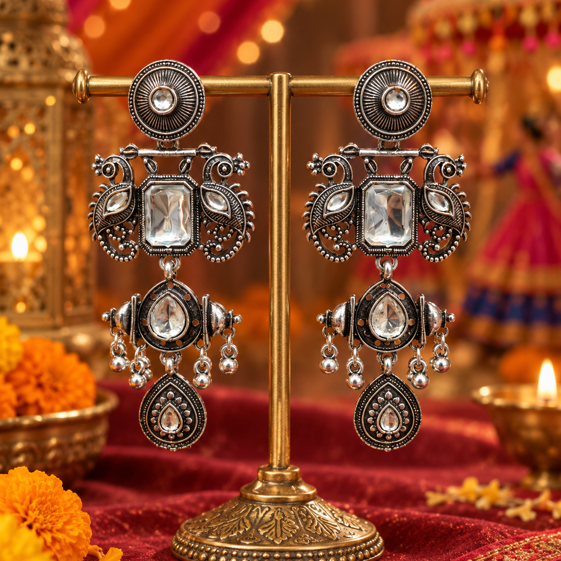 Oxidised Geometric Jhumka Earrings