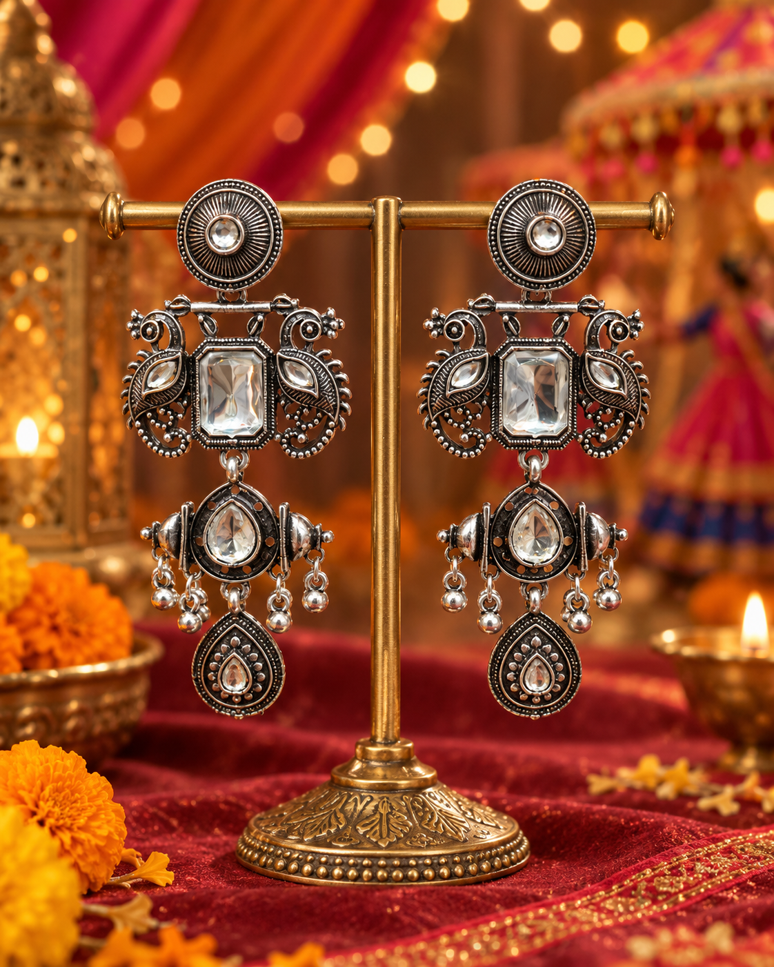 Oxidised Geometric Jhumka Earrings