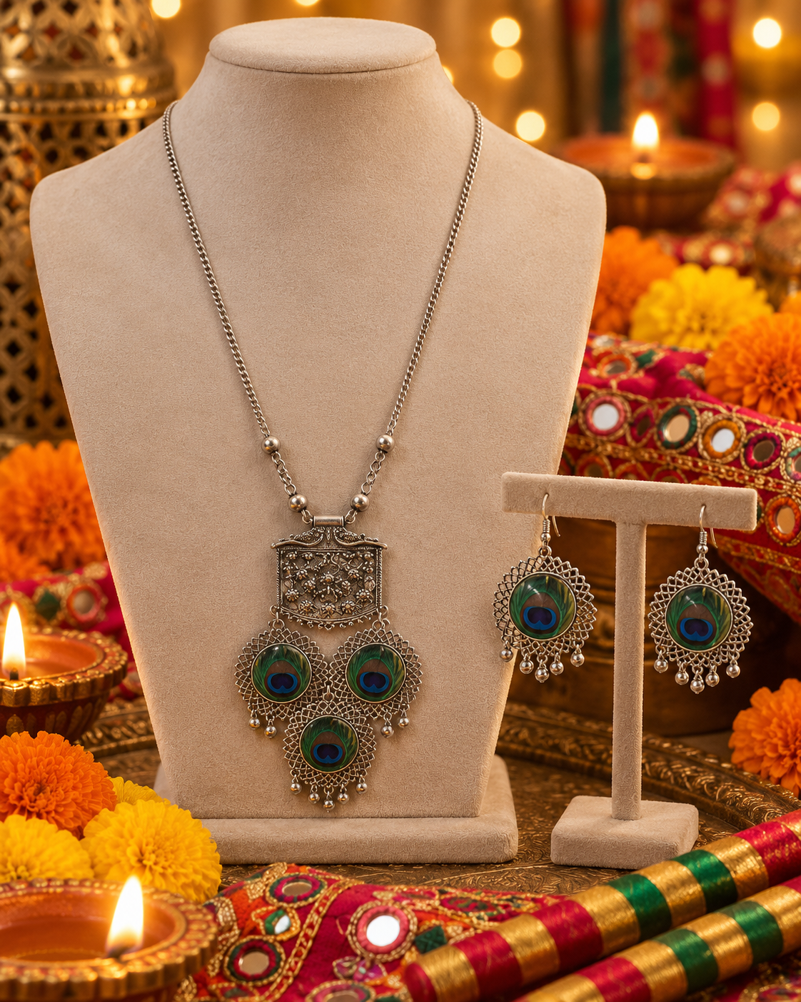 Oxidised Peacock Motif Necklace Set