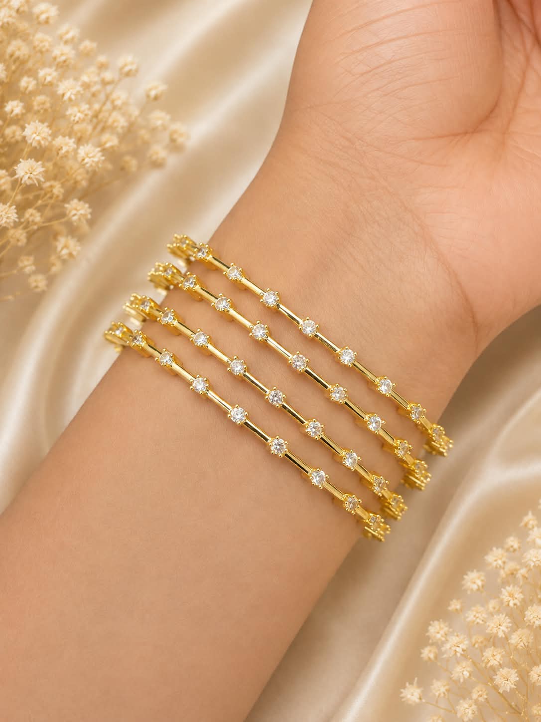 Gold Plated White Stone Multi-Row Bangle