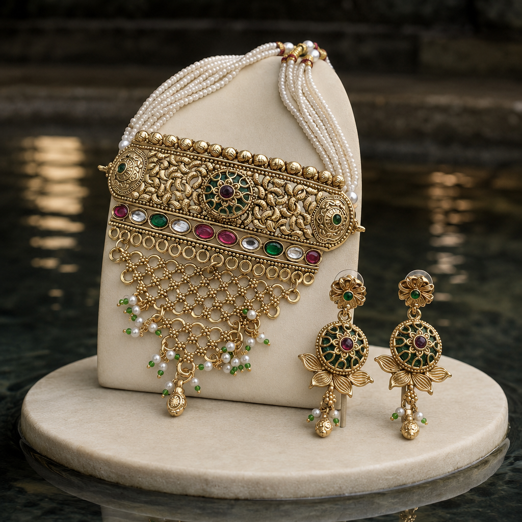 Peacock Motif Pearl Beaded Gold Plated Choker Set
