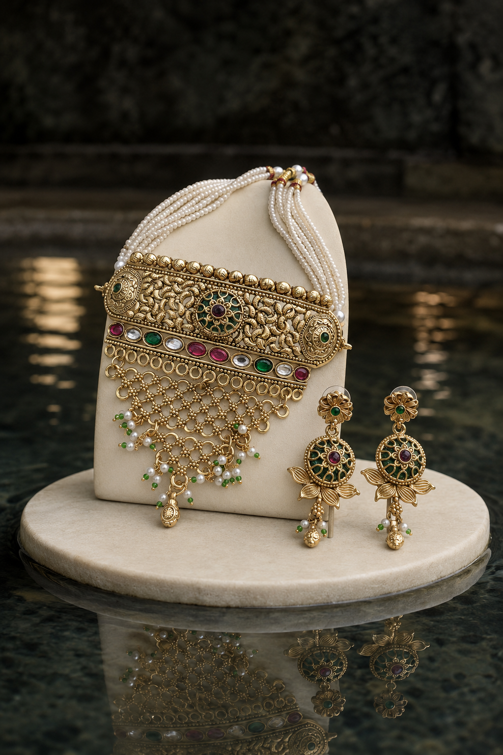 Peacock Motif Pearl Beaded Gold Plated Choker Set