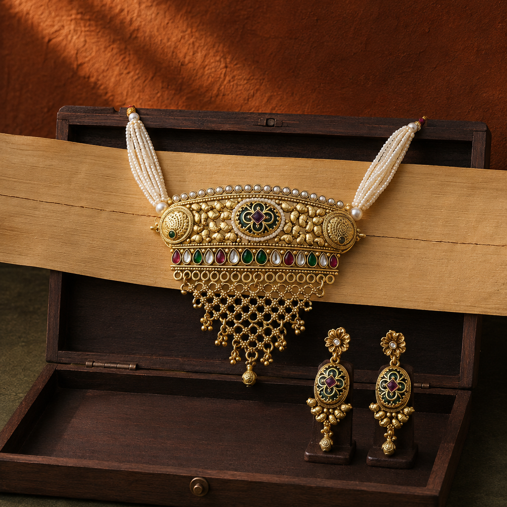 Peacock Gold Plated Choker with Black Enamel Earrings