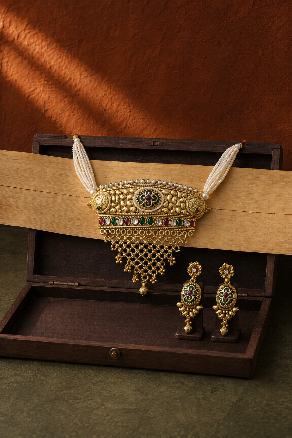 Peacock Gold Plated Choker with Black Enamel Earrings