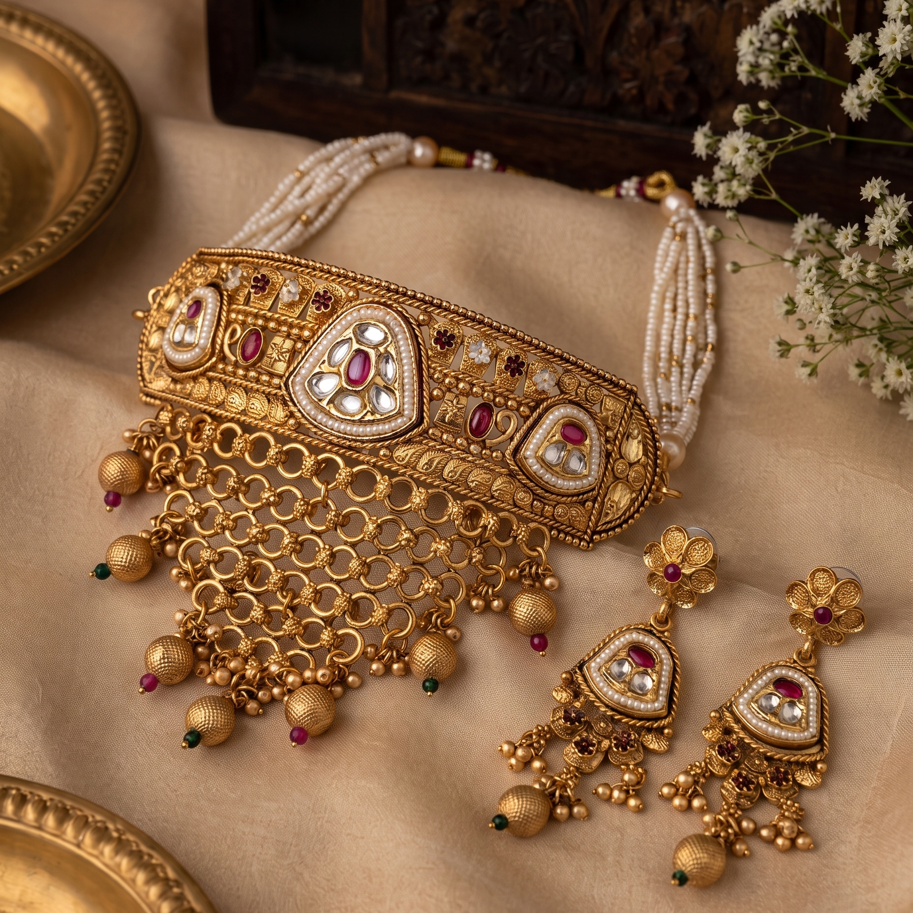 Kundan Gold Plated Choker Necklace Set with Earrings