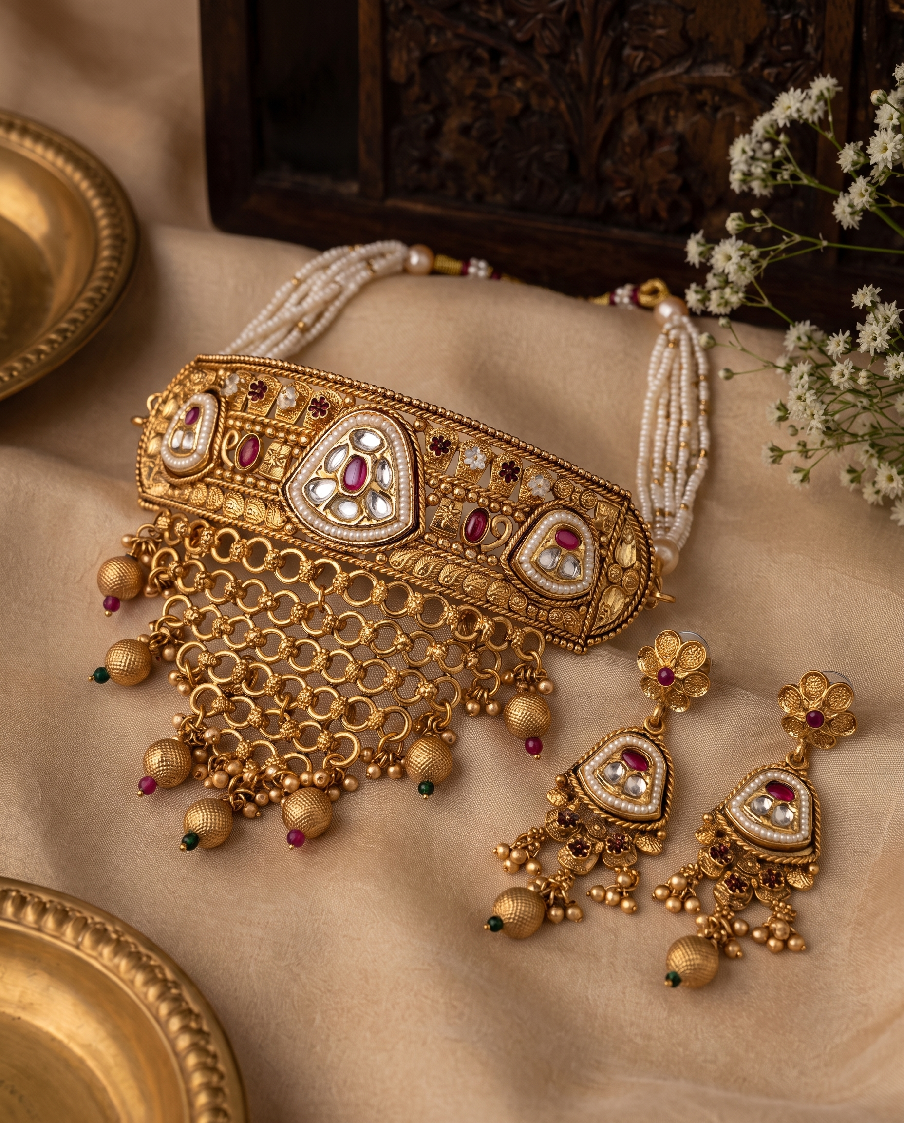 Kundan Gold Plated Choker Necklace Set with Earrings