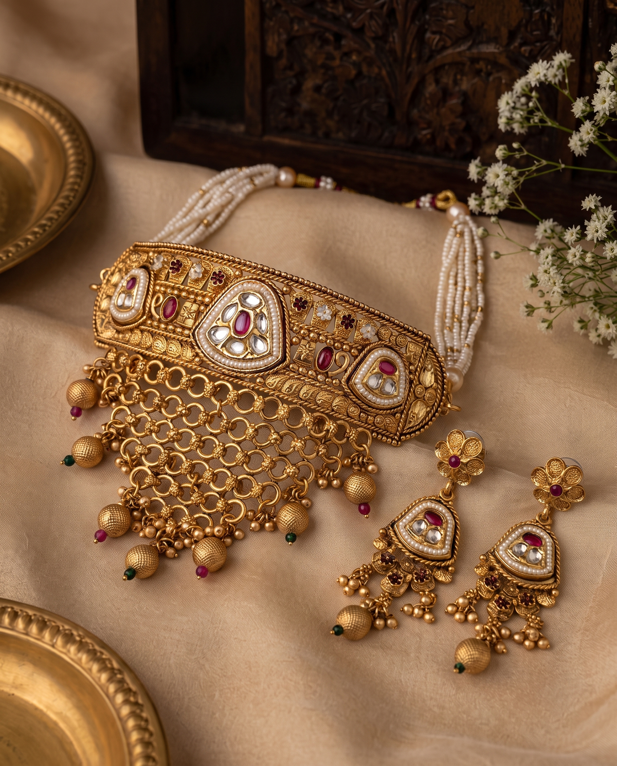 Kundan Gold Plated Choker Necklace Set with Earrings