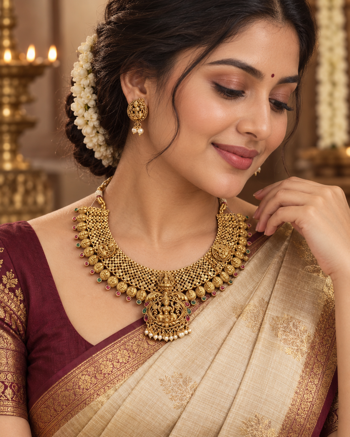 Mesh Lakshmi Devi Gold Plated Choker Necklace Set