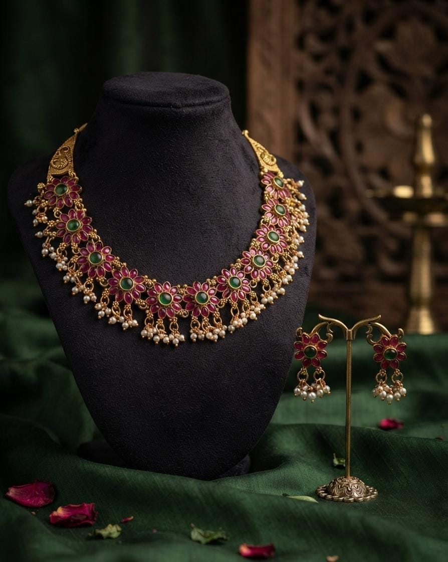 Ruby Green Floral Necklace and Earrings Set