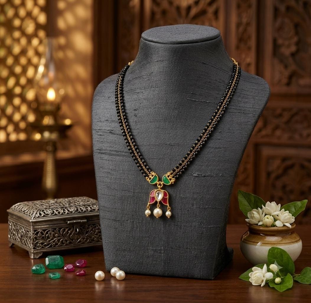 Gold Finish Black Bead Pink Green Floral Drop Mangalsutra