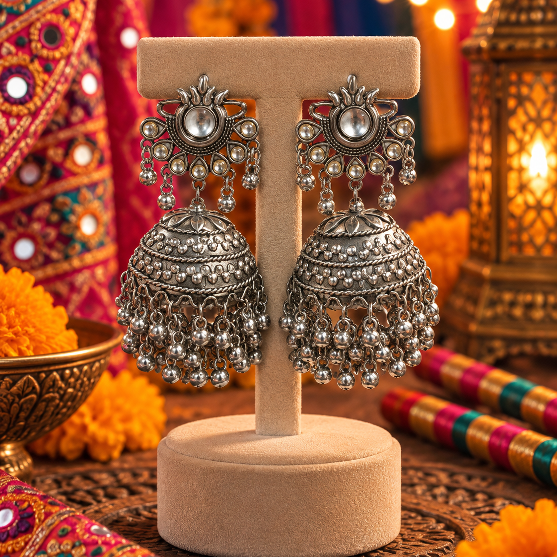 Oxidised Round Stone Jhumka Earrings