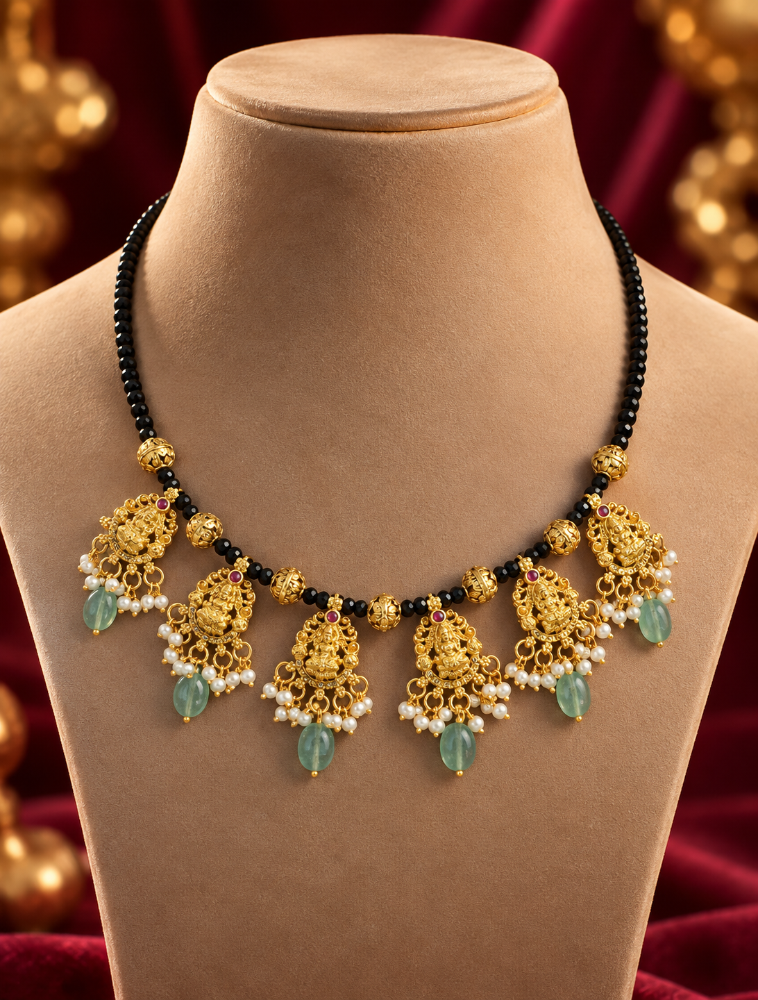 Green Stone Floral Black Bead Mangalsutra