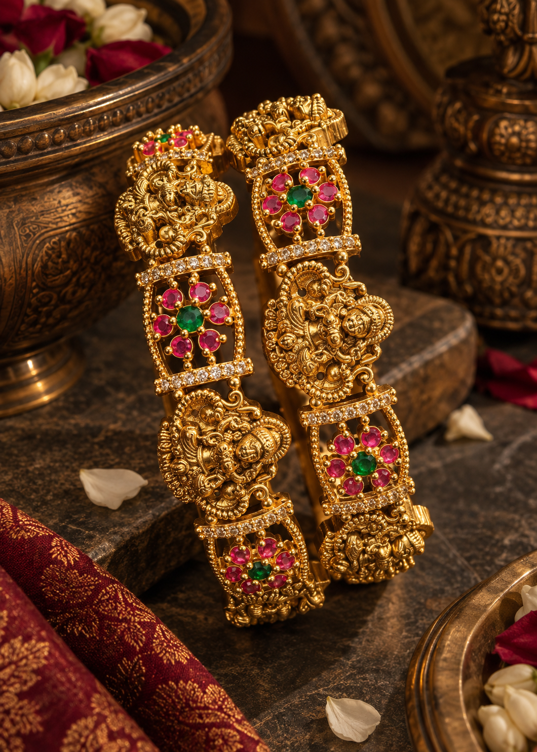 Gold Finish Pink Green Stone Traditional Bangle