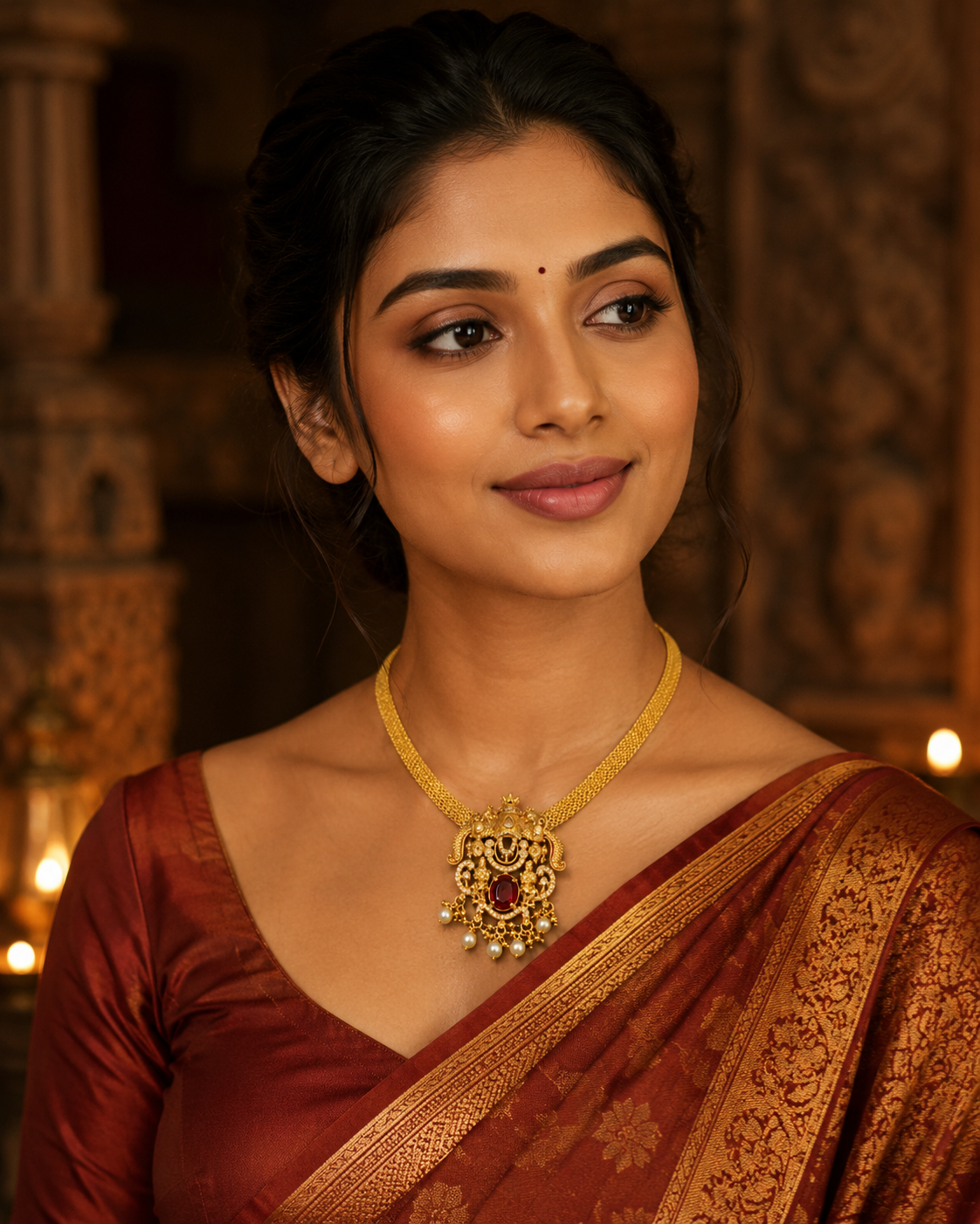 Lakshmi Devi Gold Plated Pendant Mesh Chain Necklace