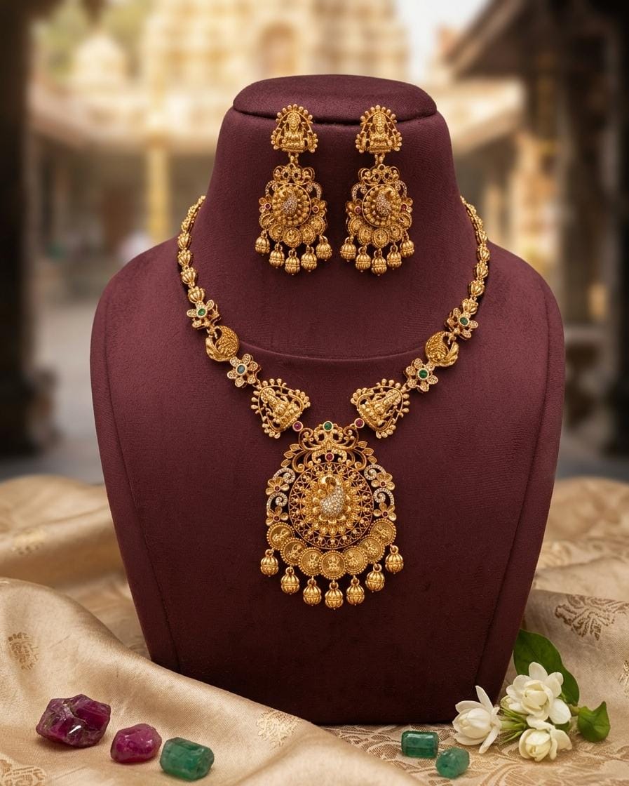 Gold Finish Coin Lakshmi Traditional Necklace Set with Earrings