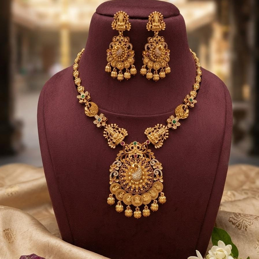 Gold Finish Coin Lakshmi Traditional Necklace Set with Earrings