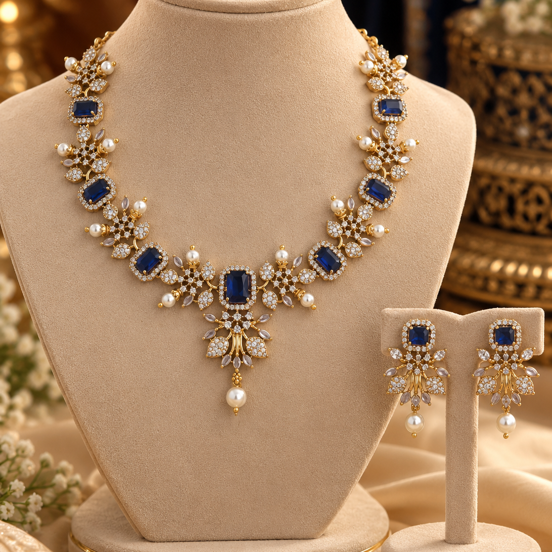 Blue Stone Floral Necklace Set with Pearl Drops