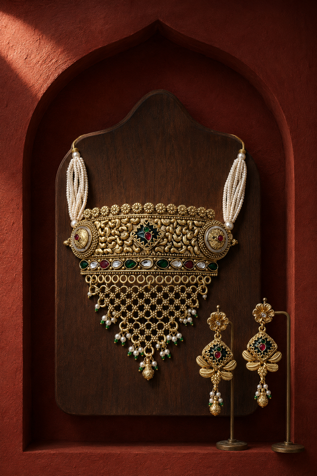 Rajwadi Floral Kundan-Inspired Pearl Choker Set