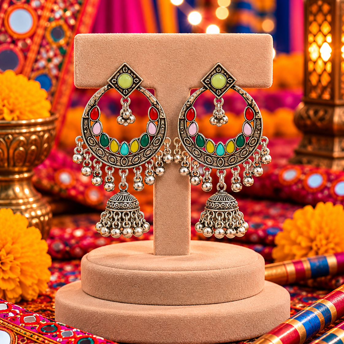 Oxidised Multicolour Round Earrings