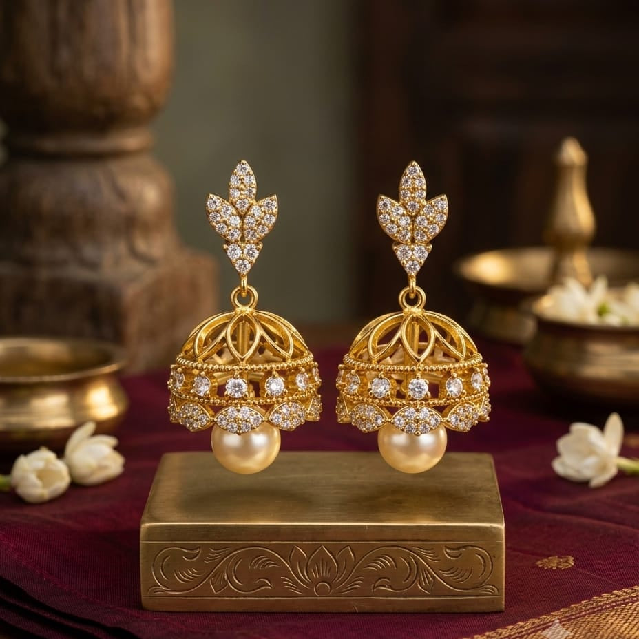 Gold Finish Stone Studded Dome Jhumka Earrings
