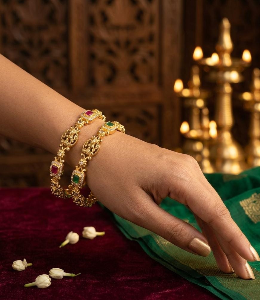 Pink Green Stone Traditional Bangle Set