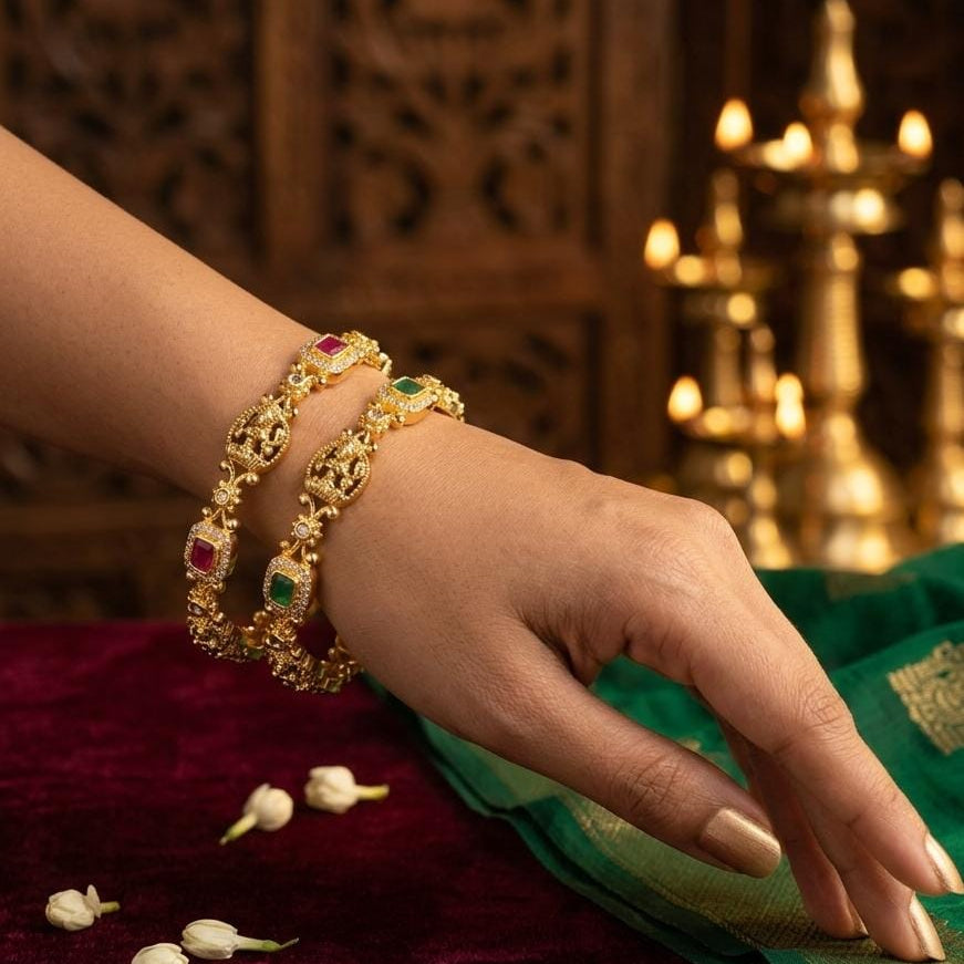 Pink Green Stone Traditional Bangle Set
