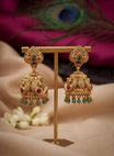Gold Finish Lakshmi Jhumka Earrings with Green Accents
