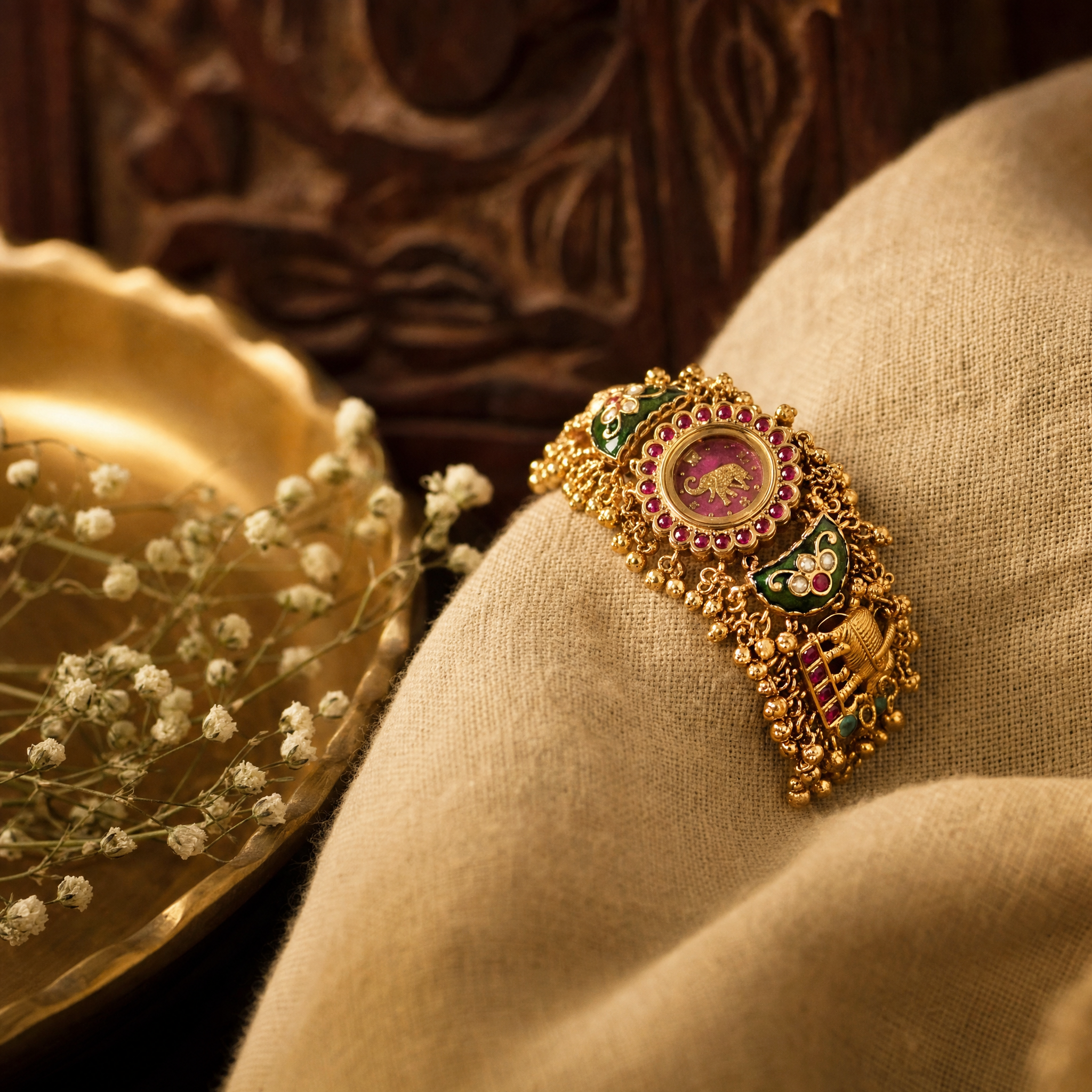 Peacock Motif Kundan Bracelet Watch