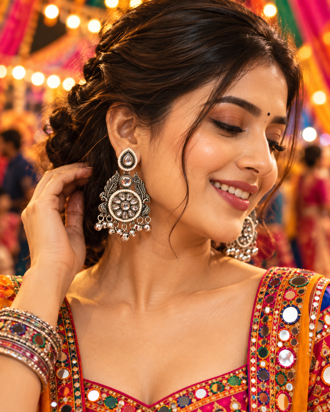 Oxidised Round Floral Jhumka Earrings