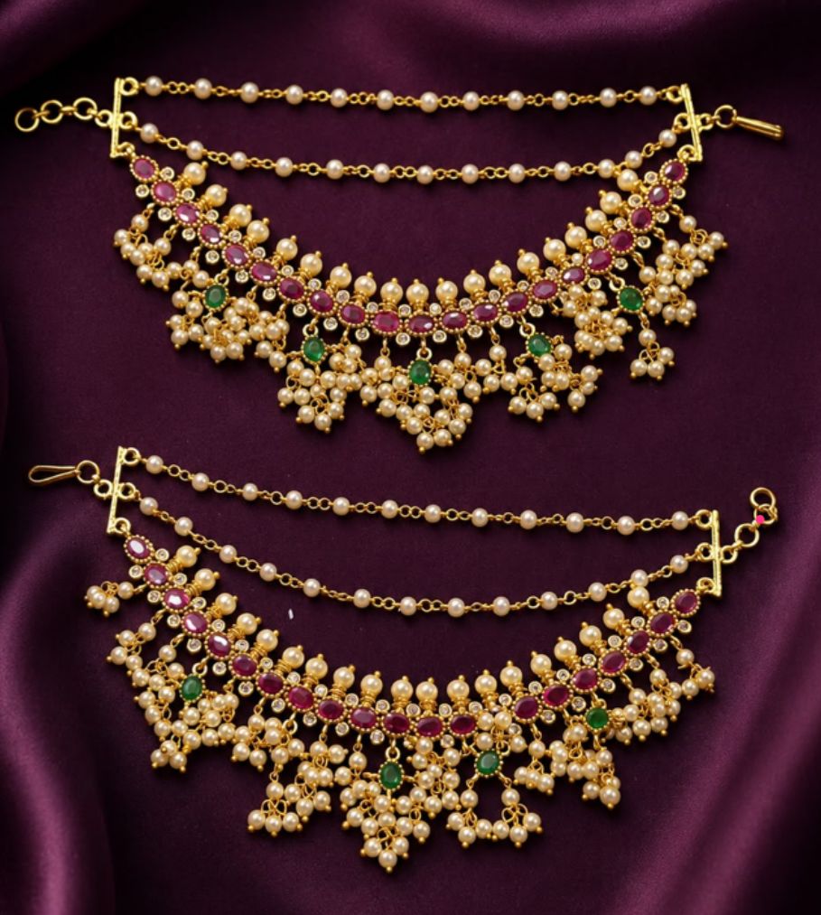 Gold Finish Pink Green Traditional Ear Chain Set