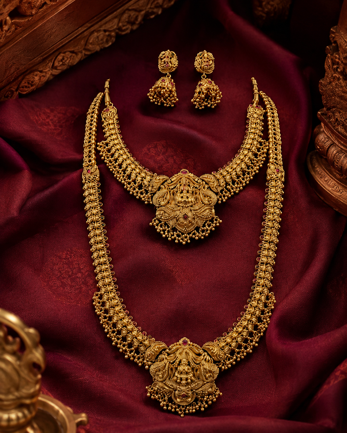 Lakshmi Devi Layered Gold Plated Necklace Set with Earrings