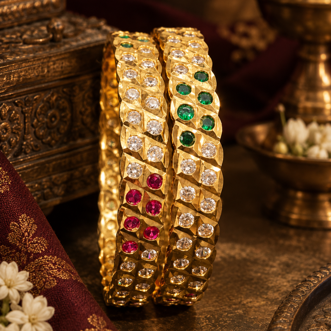 Gold Plated Green Pink White Stone Bangle