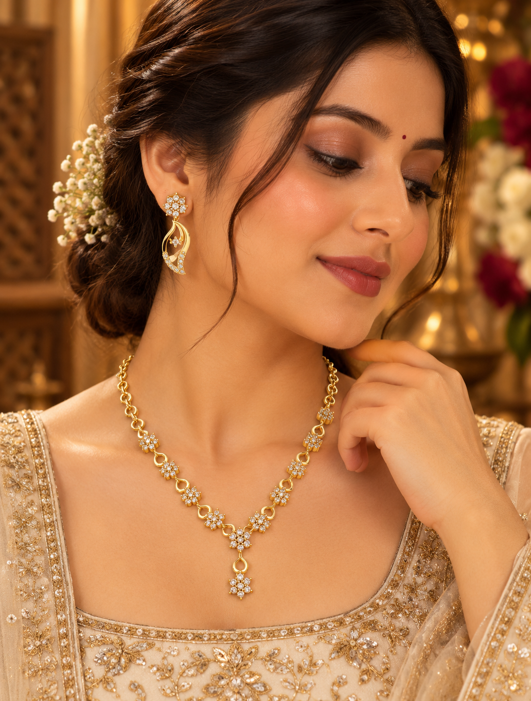Gold Finish Floral Drop Necklace Set