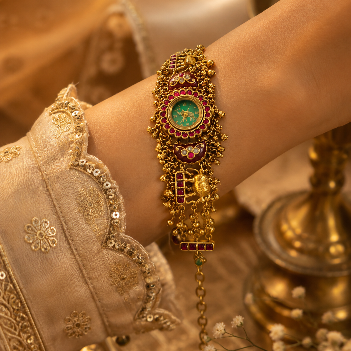 Ruby Green Rajwadi Kundan Watch