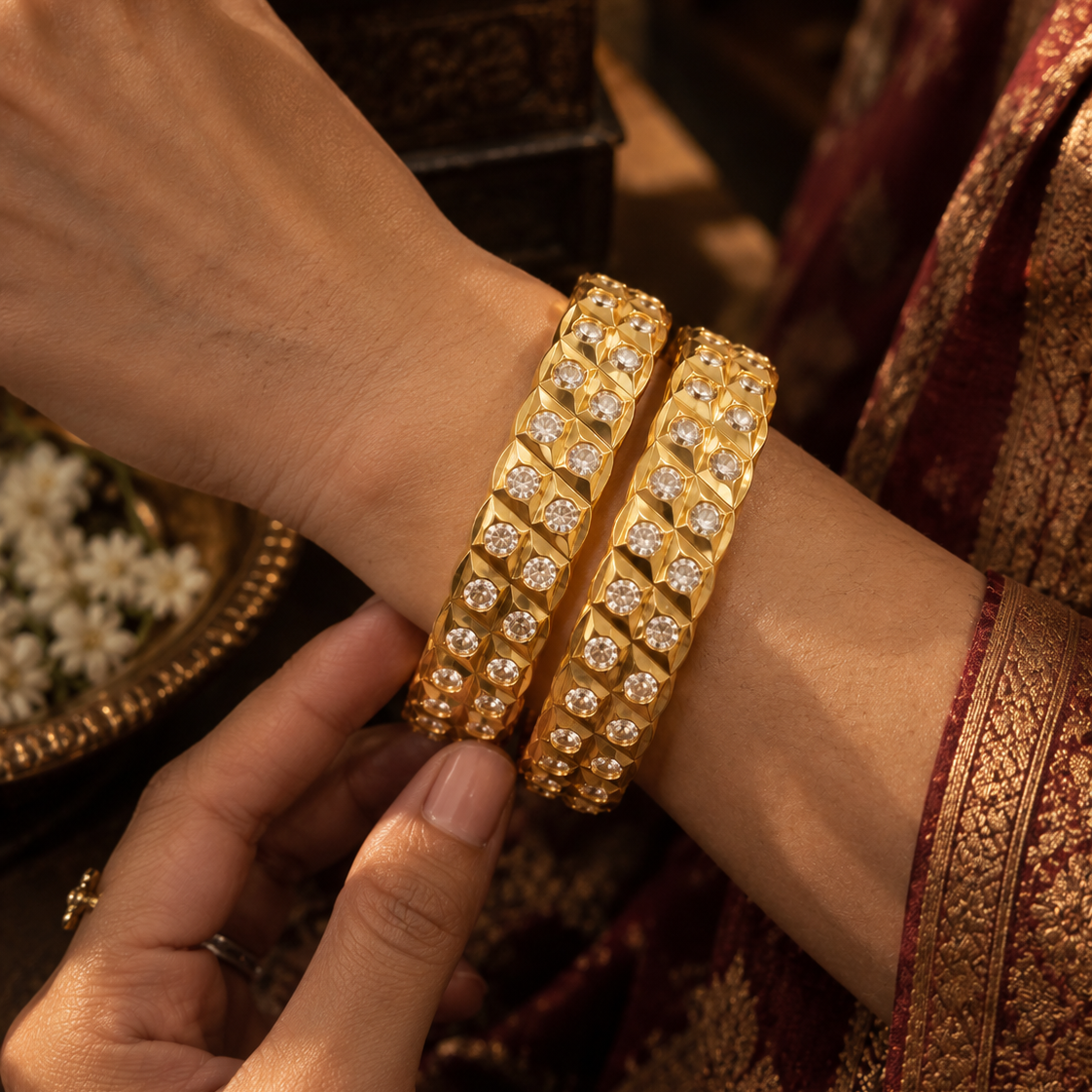 Gold Finish White Stone Leaf Pattern Bangle